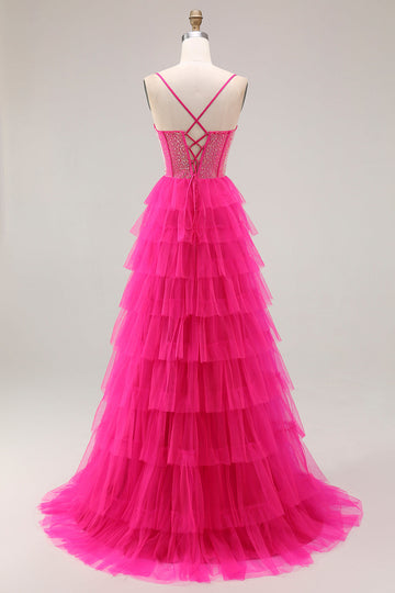 Fuchsia Corset A Line Spaghetti Straps Beaded Tiered Prom Dress with Slit